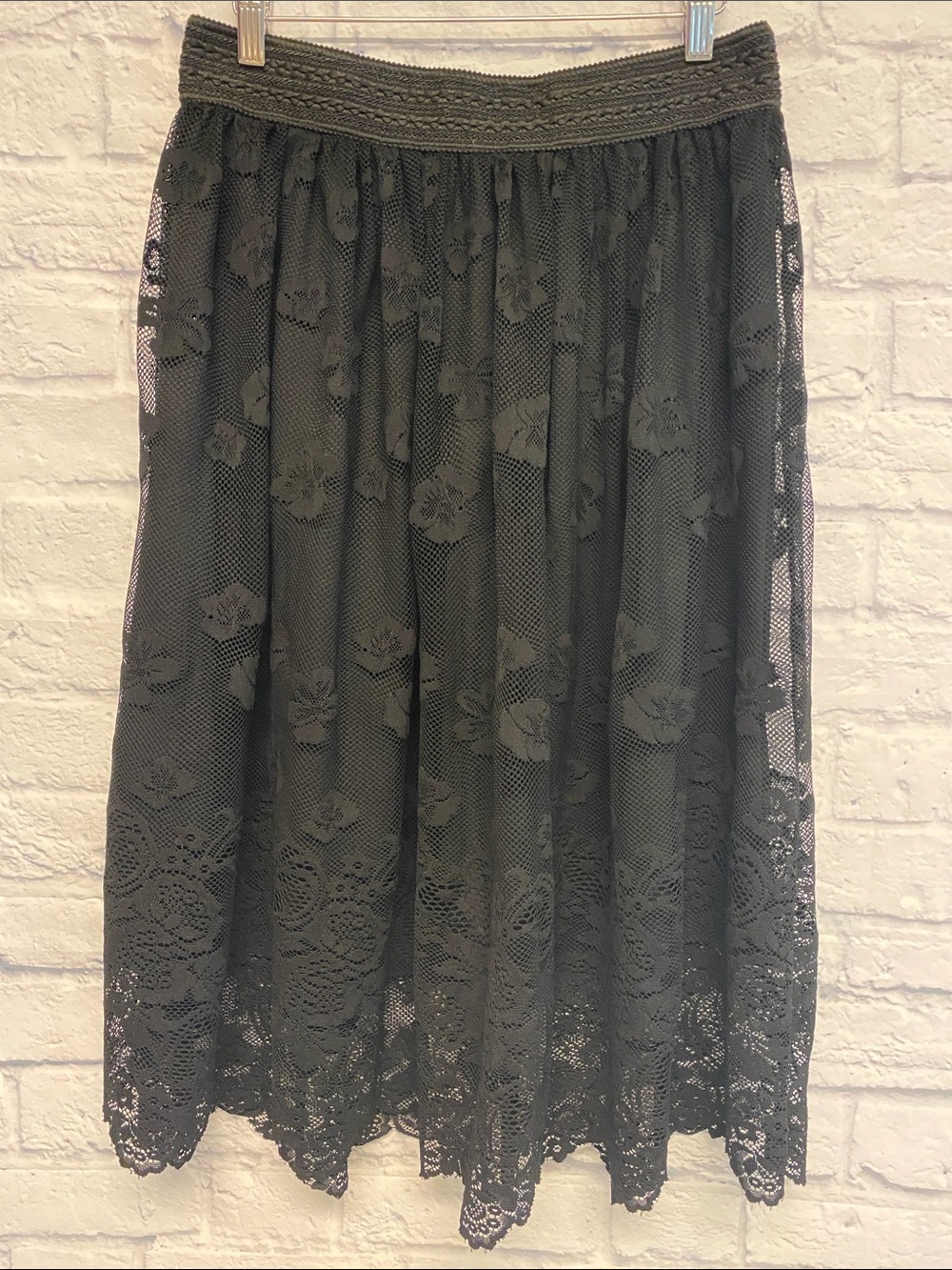 DownEast Black Lace Midi Skirt with Elastic Waistband Size Large